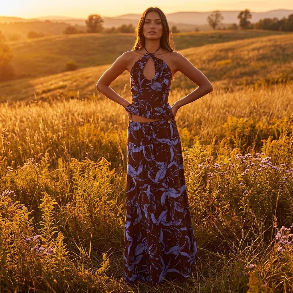Bohemian Two Piece Skirt Set Tiered Maxi Ruffle Halter Top