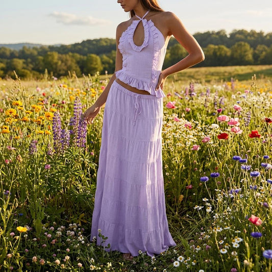 Sexy Summer Boho Set Halter Cami Top Flowy Maxi Skirt