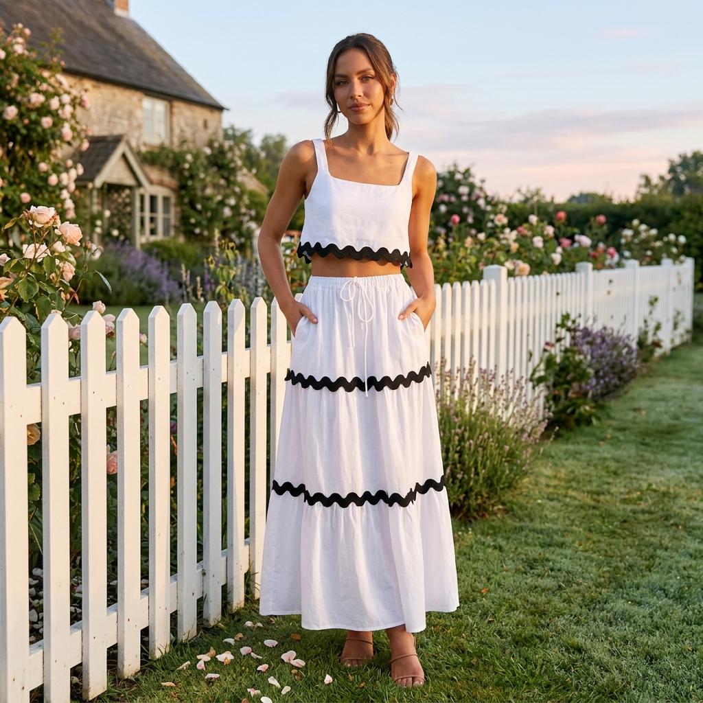 Boho Two Piece Set Square Neck Ruffle Crop Top Tiered Maxi Skirt