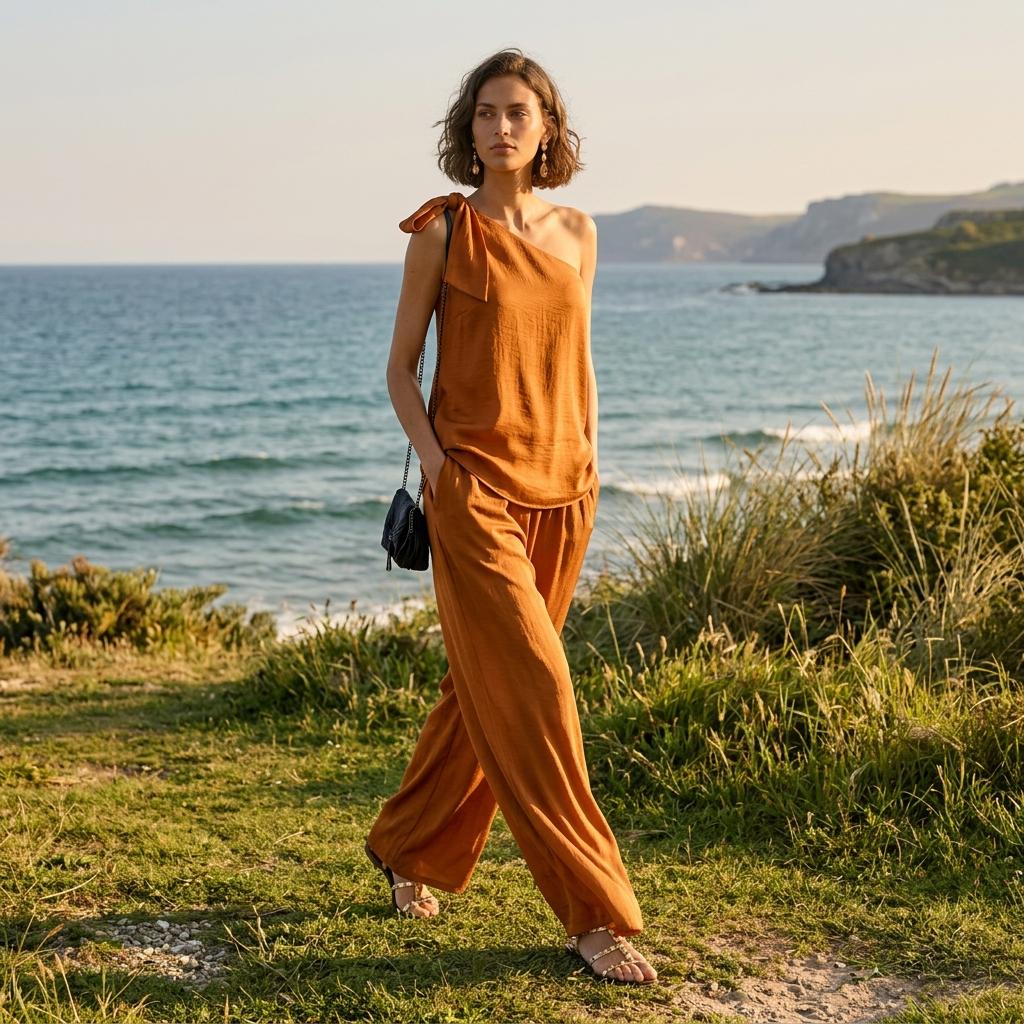One Shoulder Tie Knot Top Wide Leg Pants Two Piece Set