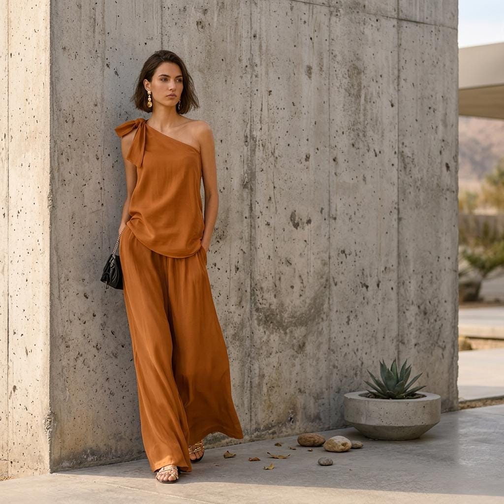 One Shoulder Tie Knot Top Wide Leg Pants Two Piece Set