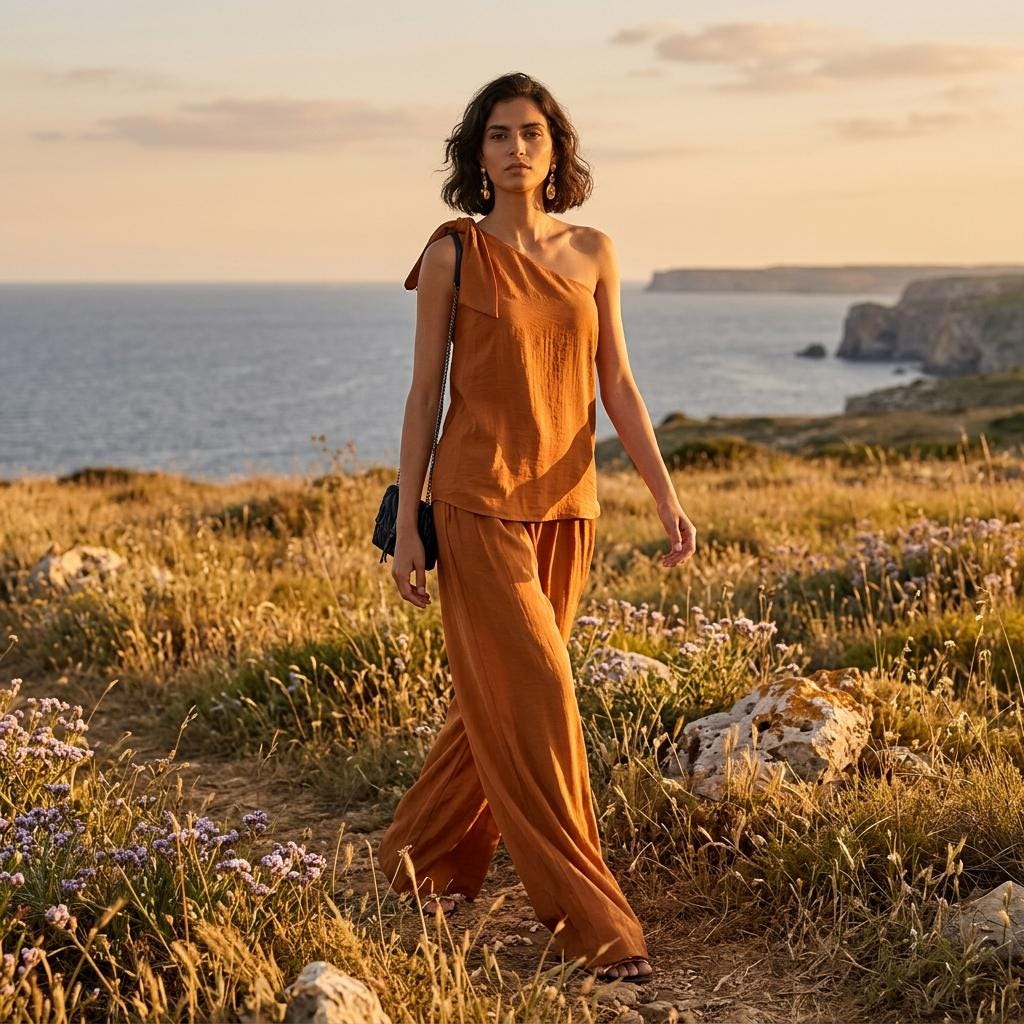 One Shoulder Tie Knot Top Wide Leg Pants Two Piece Set