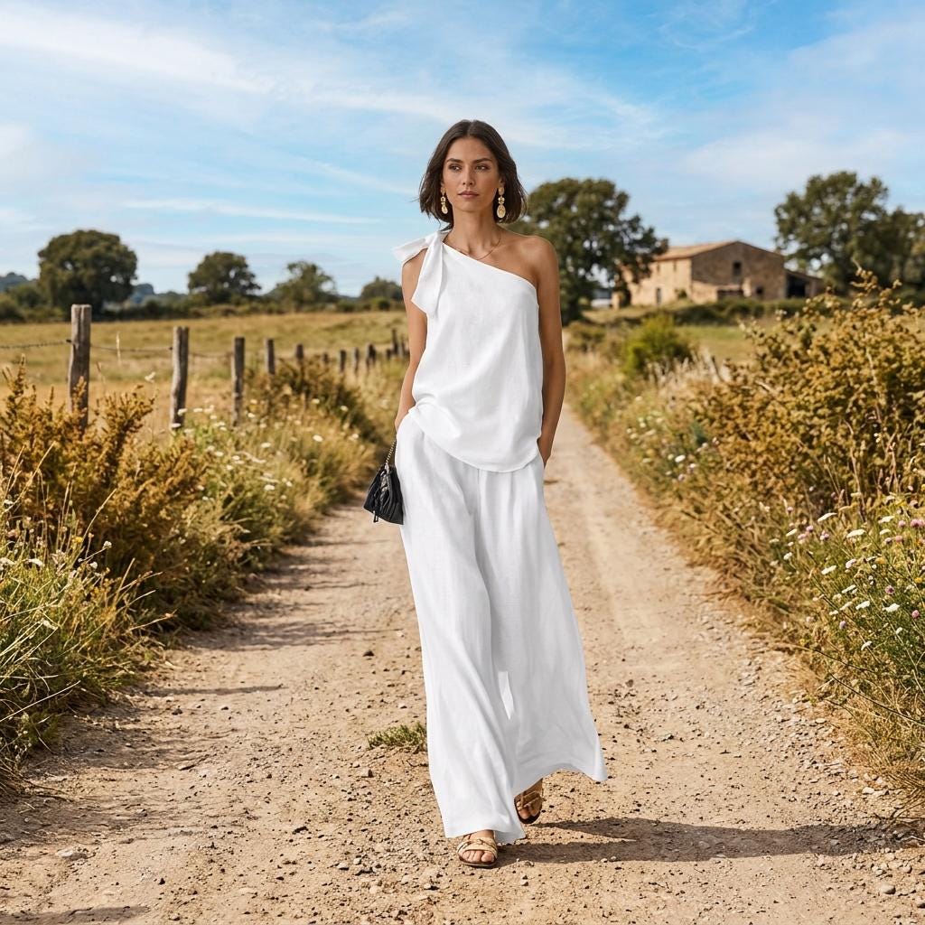 Sexy One Shoulder Two Piece Outfit Wide Leg Pant Set