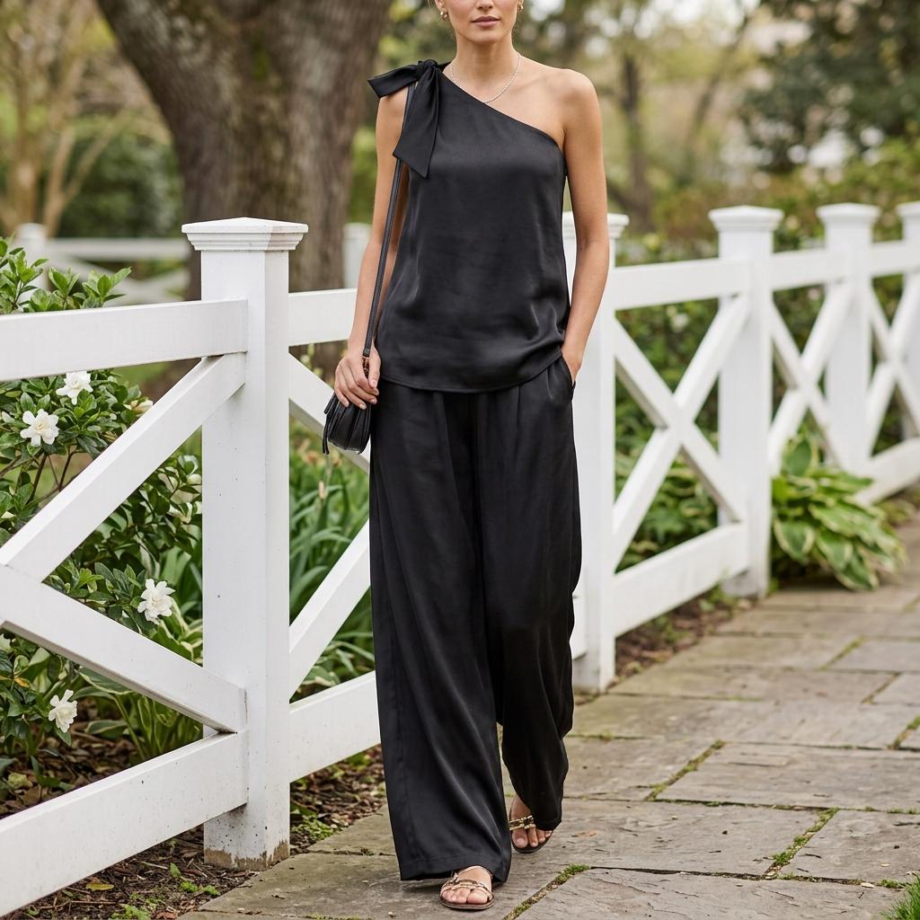 Elegant Sleeveless One Shoulder Wide Leg Pants Co Ord Set