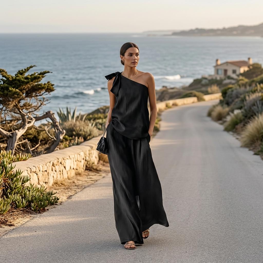 Elegant Sleeveless One Shoulder Wide Leg Pants Co Ord Set