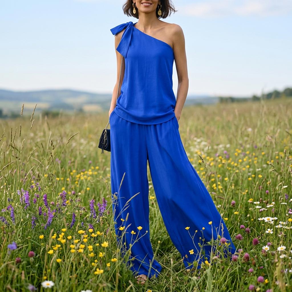Chic Hollow One Shoulder Top Wide Pants Two Piece Outfit