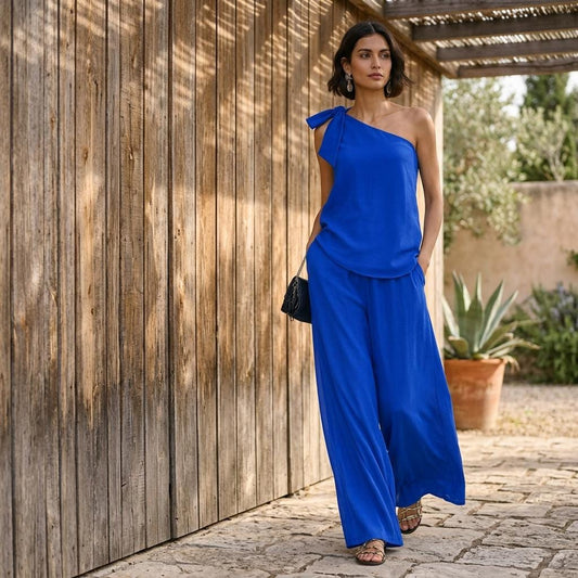 Chic Hollow One Shoulder Top Wide Pants Two Piece Outfit