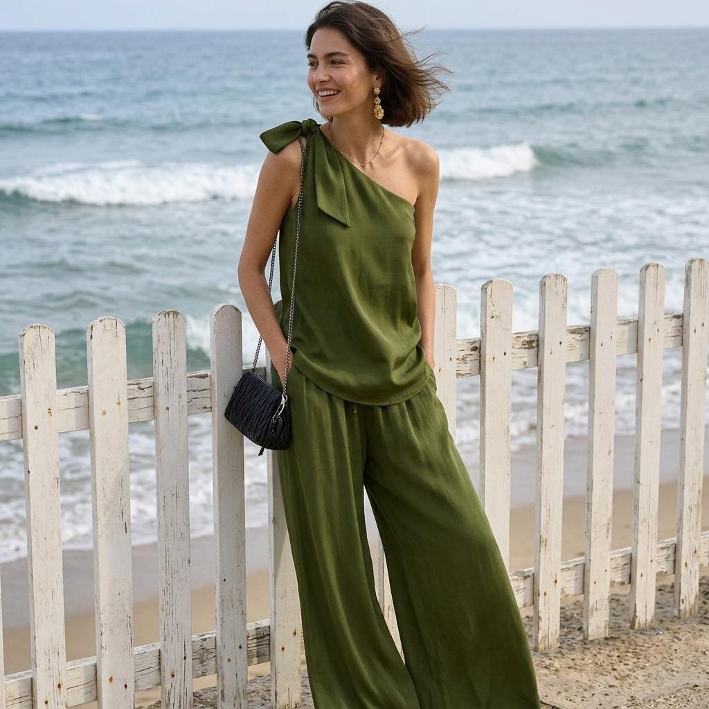 Minimalist One Shoulder Tie Top Wide Leg Pants Set Women