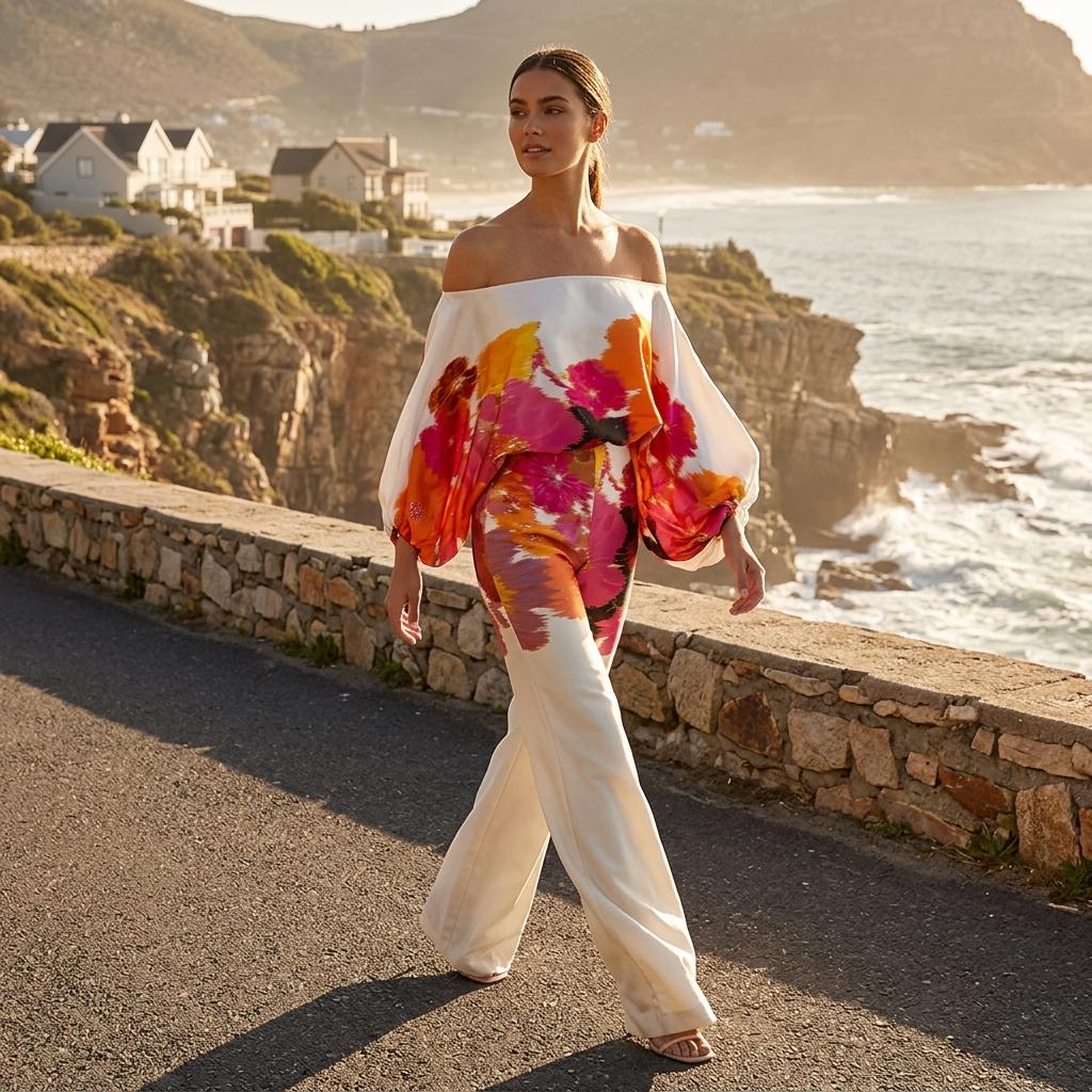 Satin Off Shoulder Two Piece Set Wide Leg Pants Outfit