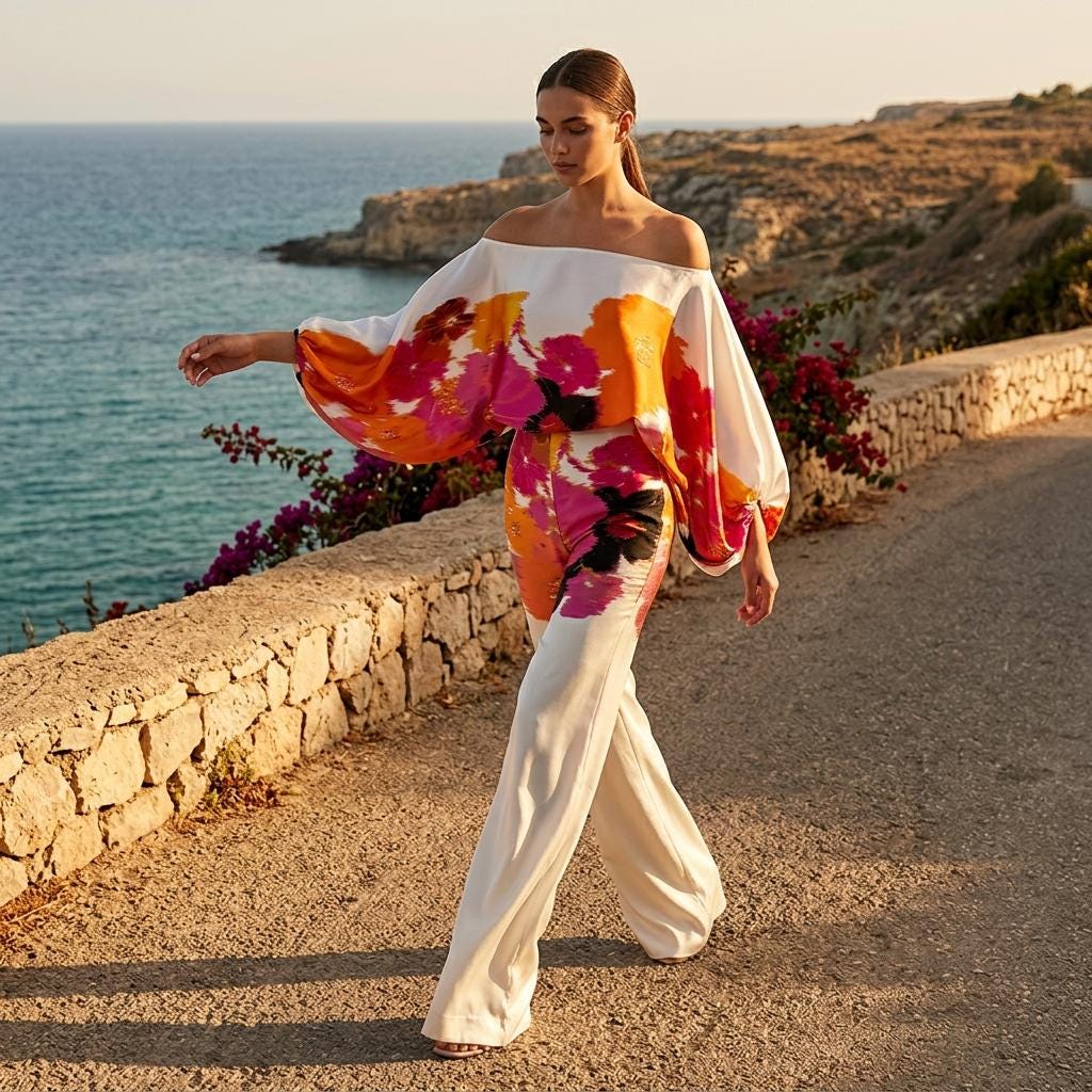 Satin Off Shoulder Two Piece Set Wide Leg Pants Outfit