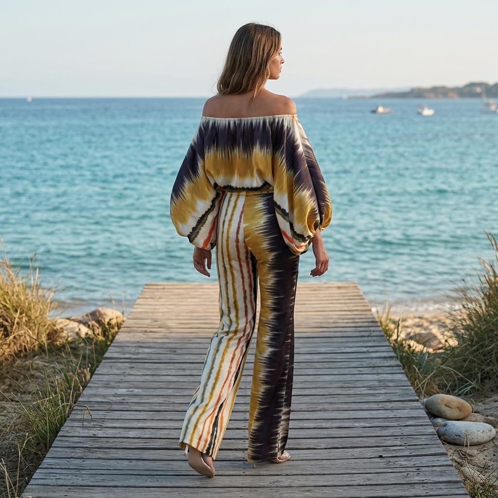Women Satin Print Two Piece Set Off Shoulder Blouse Pants