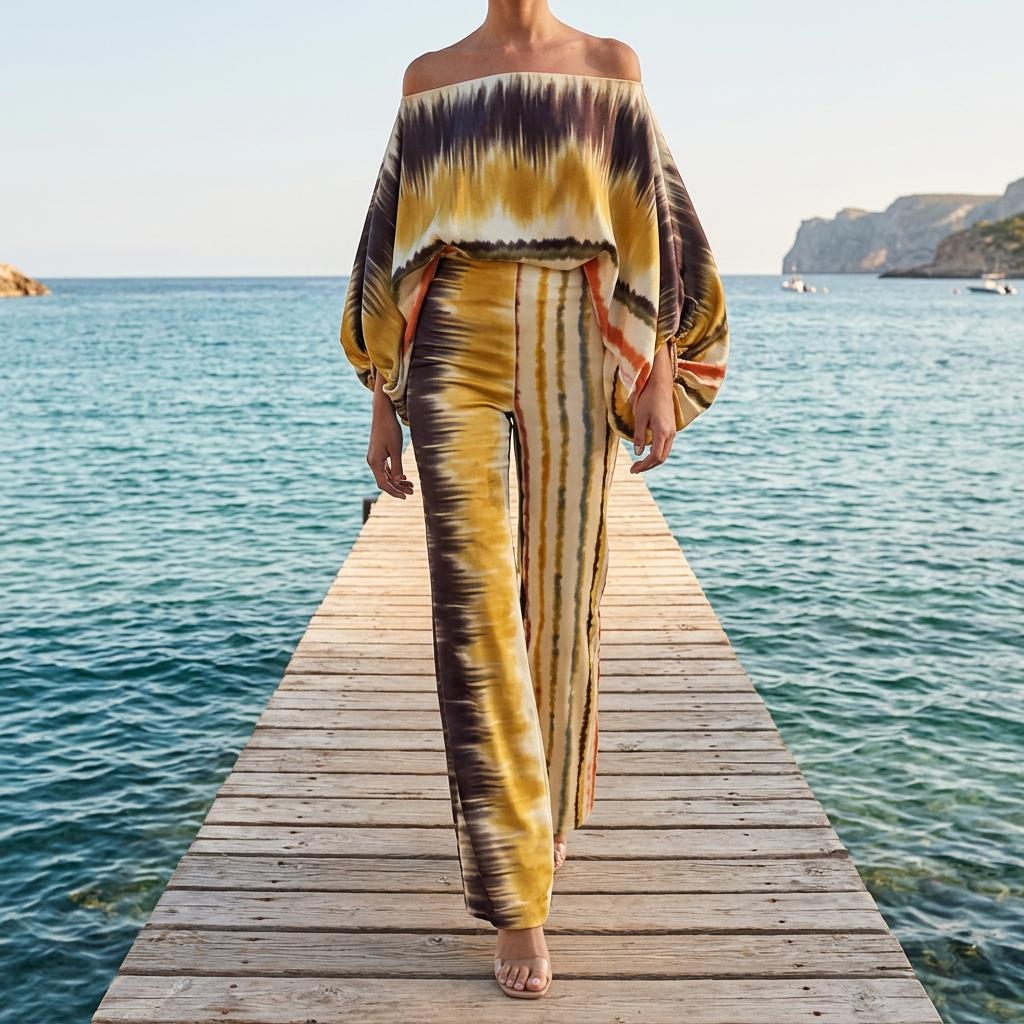 Women Satin Print Two Piece Set Off Shoulder Blouse Pants