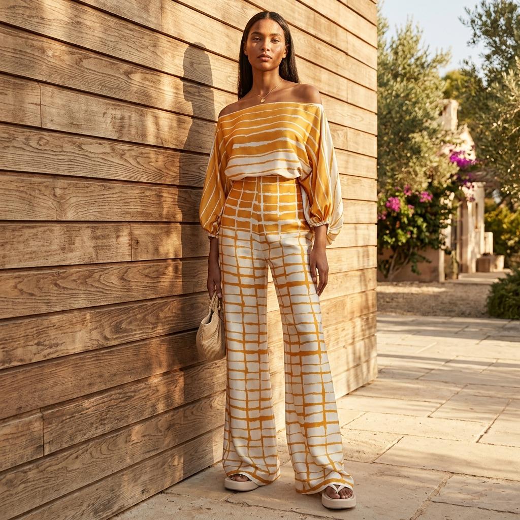 Off Shoulder Satin Blouse Wide Leg Pants Two Piece Set