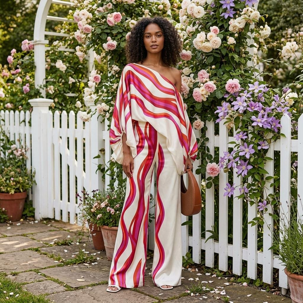 Fashion Satin Two Piece Set Printed Top Pants Outfit