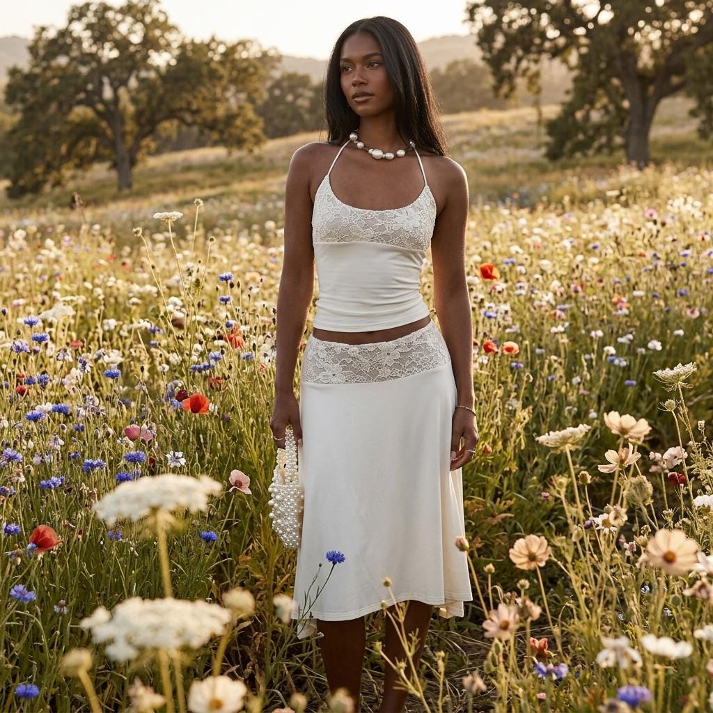 White Lace Patchwork Two Piece Set Halter Top A-Line Skirt
