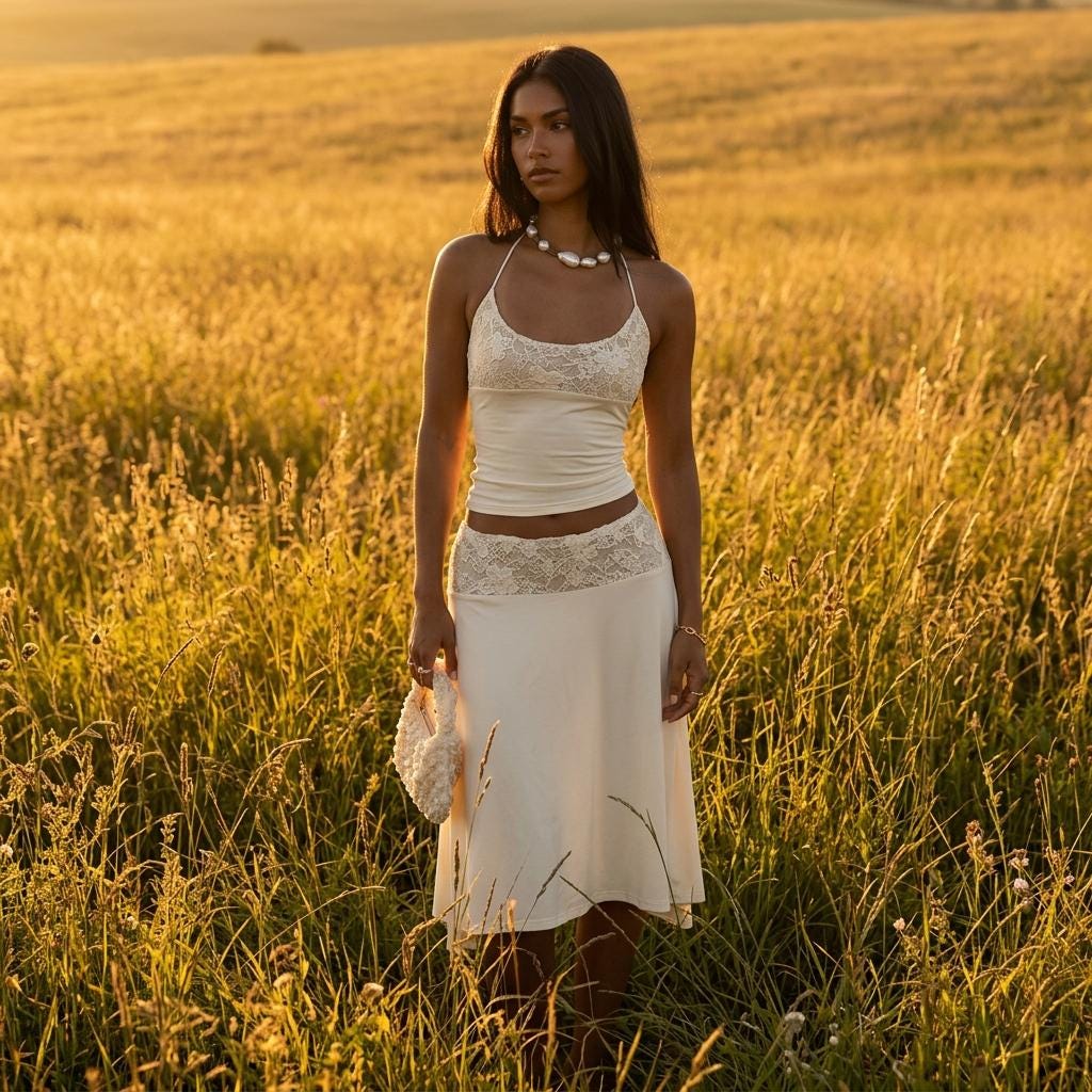 White Lace Patchwork Two Piece Set Halter Top A-Line Skirt