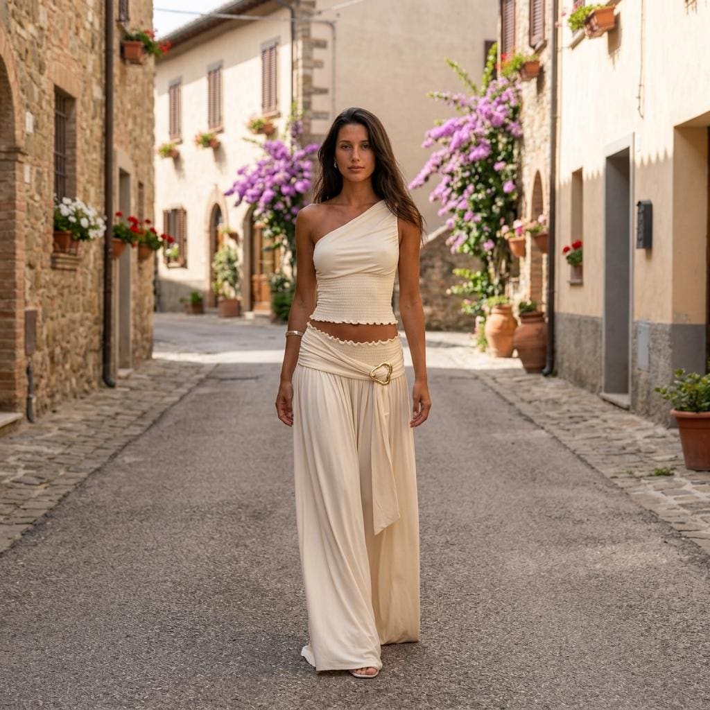 Elegant Ruched Two Piece Set Skew Neck Backless Top Skirt Outfit