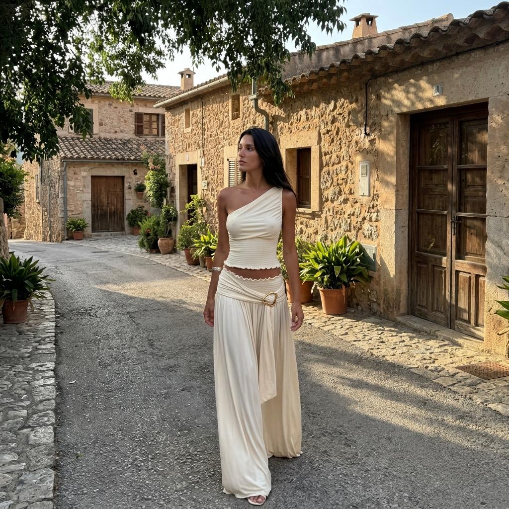 Elegant Ruched Two Piece Set Skew Neck Backless Top Skirt Outfit