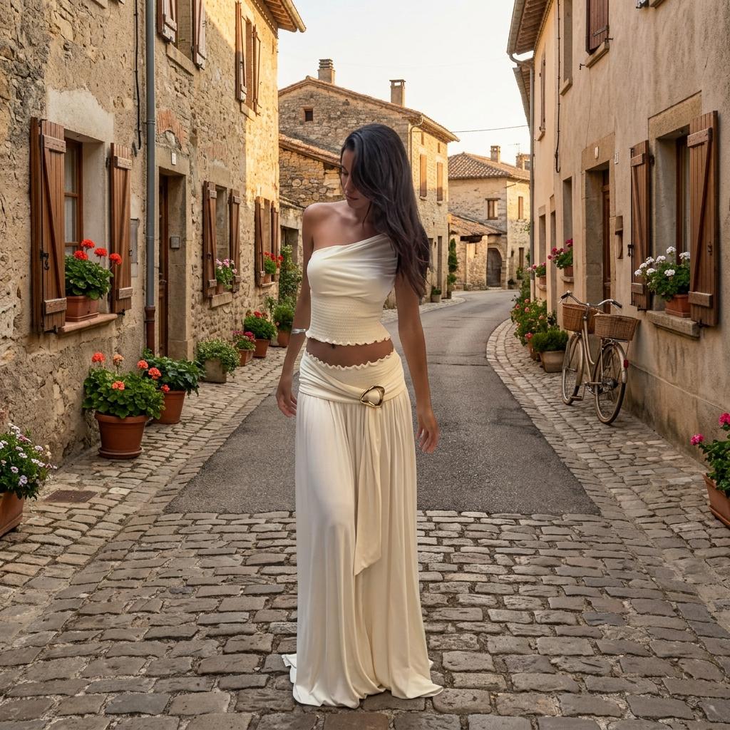 Elegant Ruched Two Piece Set Skew Neck Backless Top Skirt Outfit