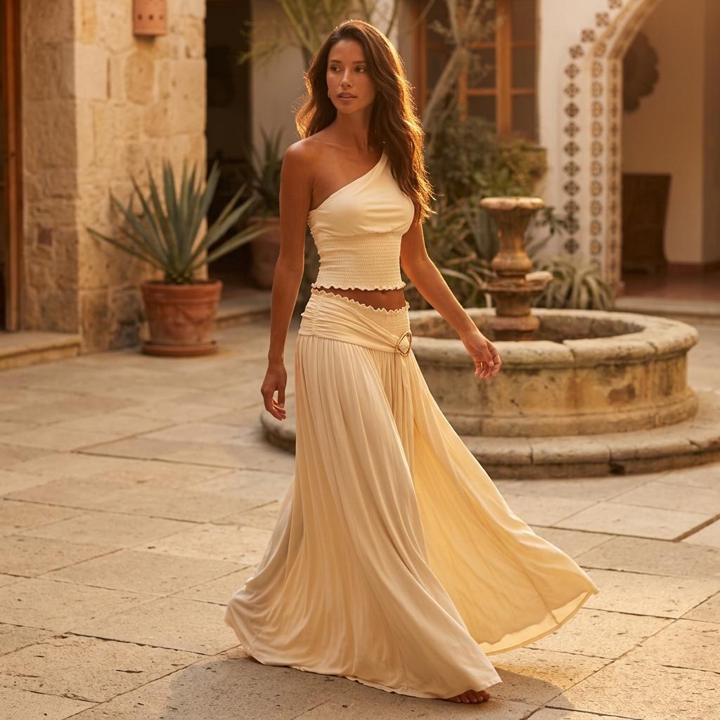 Elegant Ruched Two Piece Set Skew Neck Backless Top Skirt Outfit
