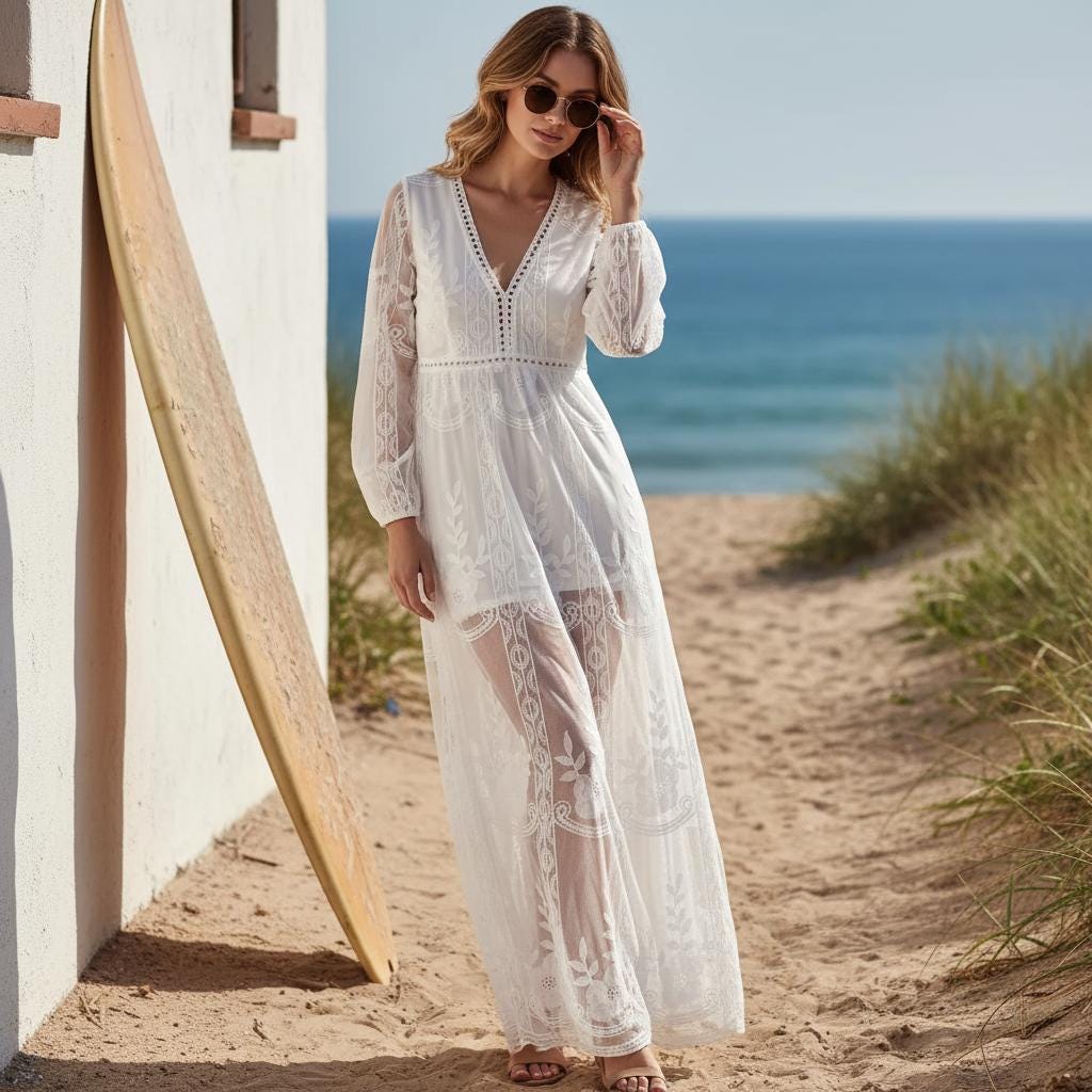 Vintage Boho Maxi Dress Deep V Neck Lace Embroidery Long Sleeve