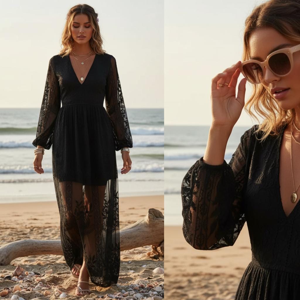 Black Boho Maxi Dress Deep V Neck Lace Embroidery Long Sleeve