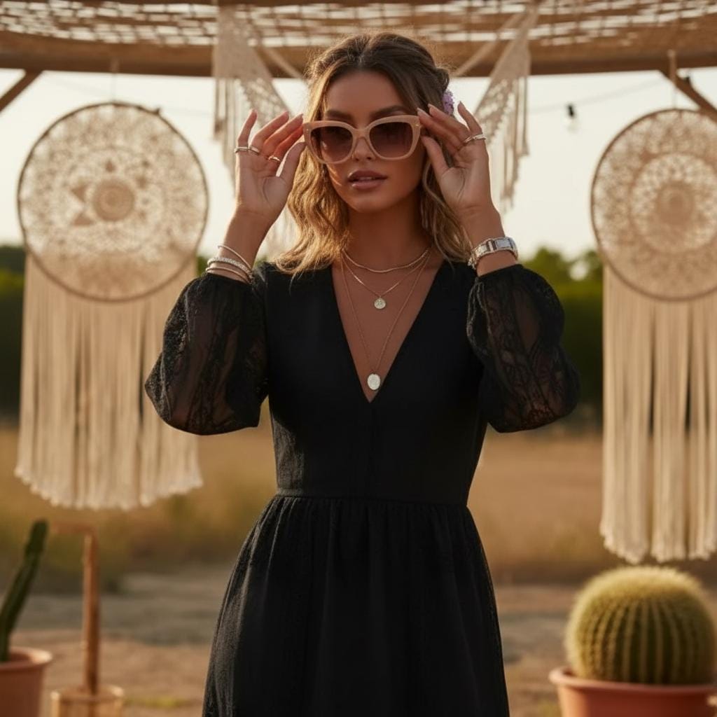 Black Boho Maxi Dress Deep V Neck Lace Embroidery Long Sleeve