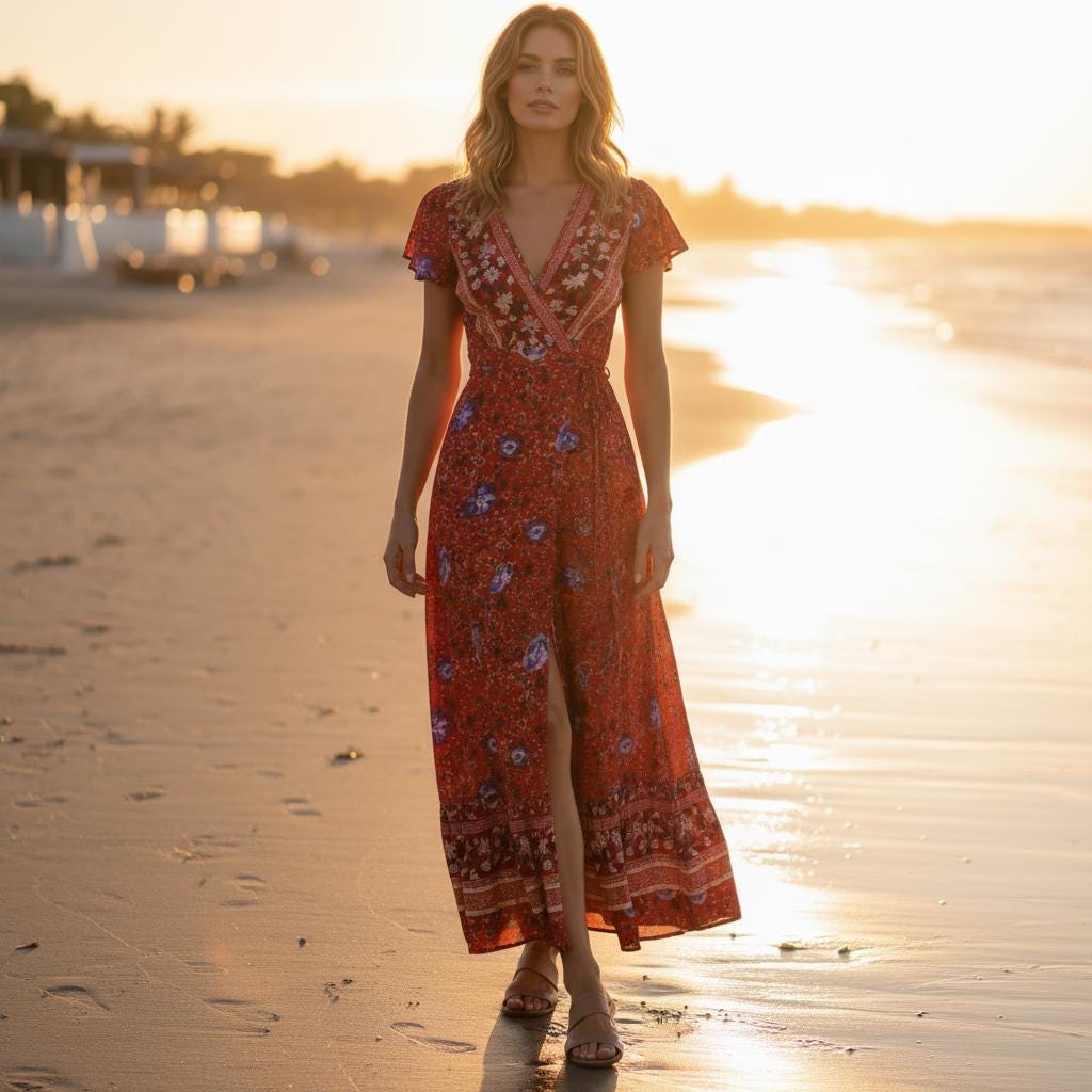 Red Boho Maxi Dress Floral Bat Sleeve Wrap Beach Cover Up
