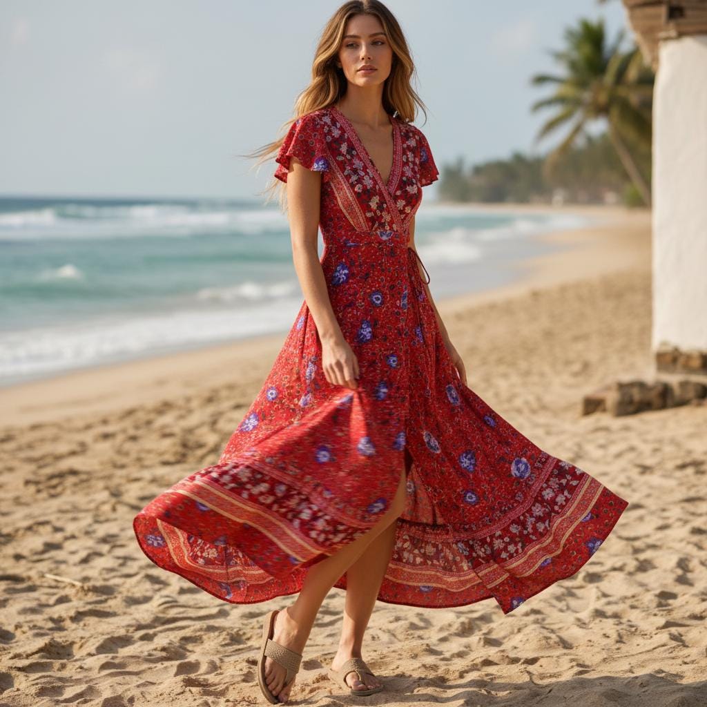 Red Boho Maxi Dress Floral Bat Sleeve Wrap Beach Cover Up