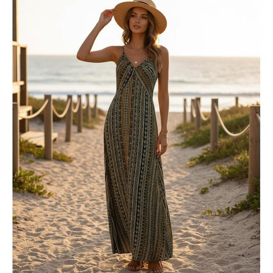 Backless Boho Maxi Dress Ethnic Print Split Thigh Flowing Beach Dress