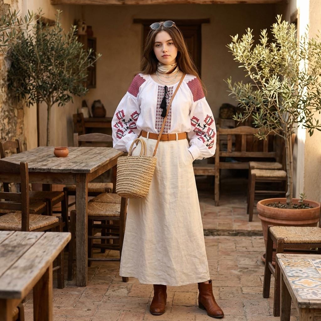 Vintage Printed Crew Neck Blouse with Belted Flared Sleeves for Women