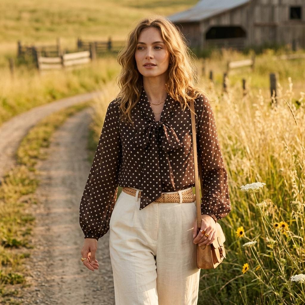 Elegant Polka Dot Chiffon Blouse Bow Tie Lantern Sleeve Office Top