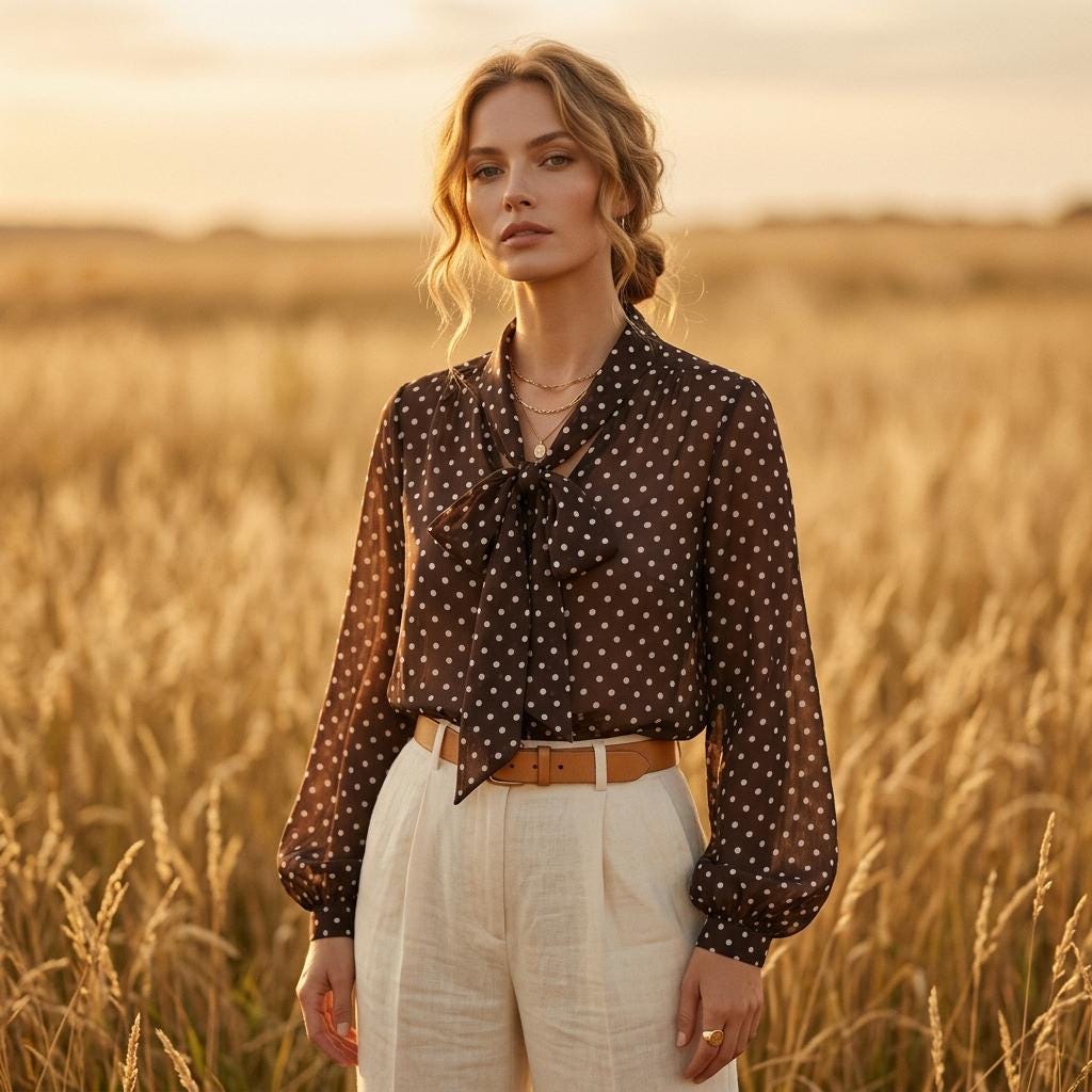 Elegant Polka Dot Chiffon Blouse Bow Tie Lantern Sleeve Office Top