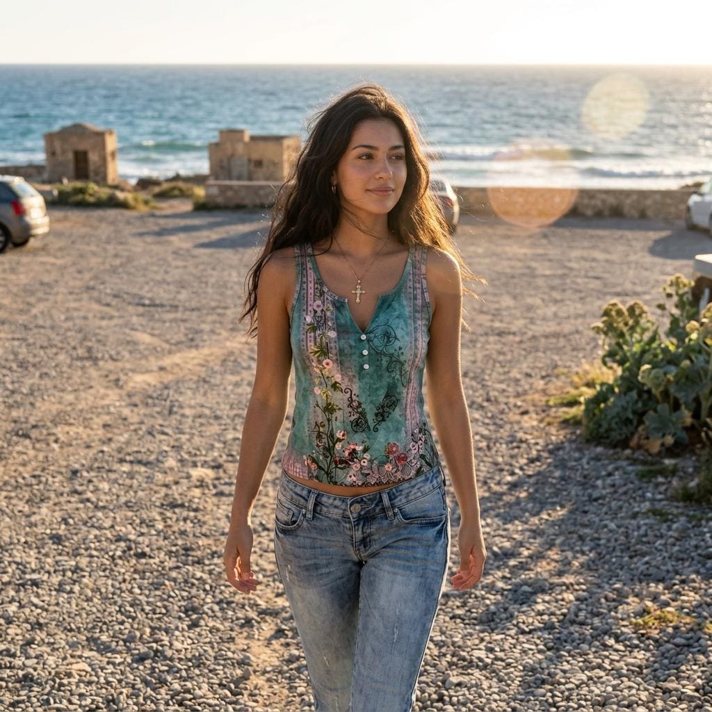Boho Floral Button Tank Top Women’s Summer Sleeveless V Neck Cami