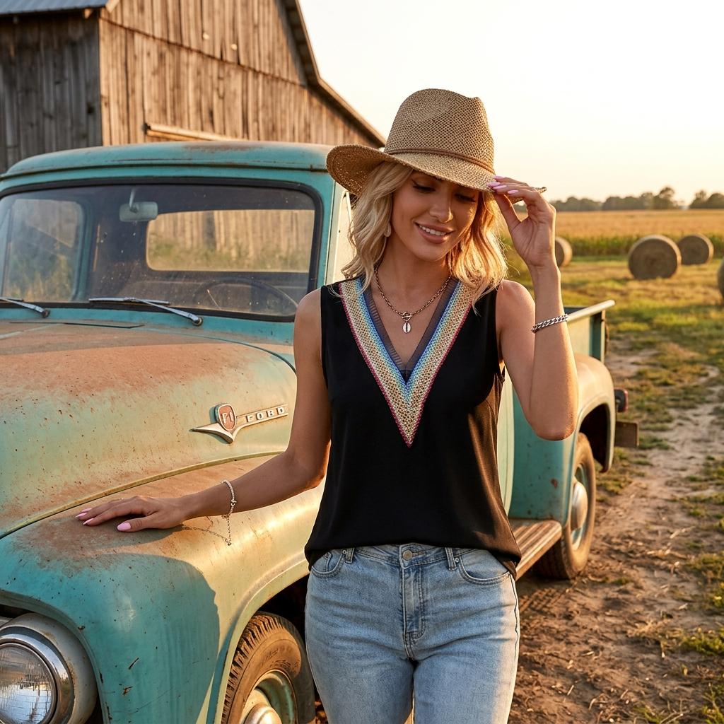 Boho Contrast Trim Sleeveless Top Women’s Casual Summer Vacation Blouse