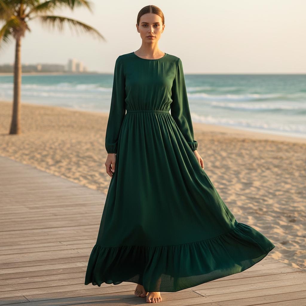 Women Solid Boho Maxi Dress Long Sleeve Casual Beach Dress