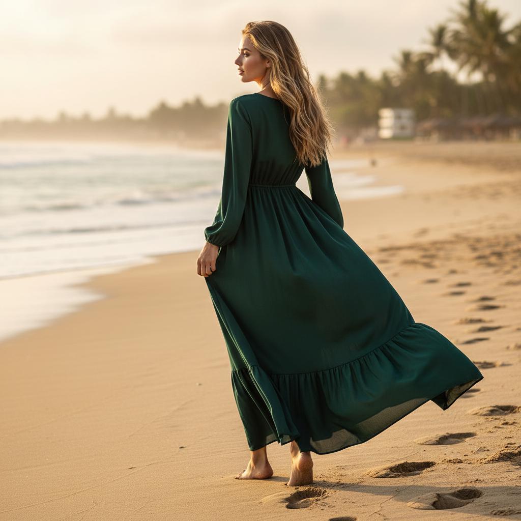 Women Solid Boho Maxi Dress Long Sleeve Casual Beach Dress