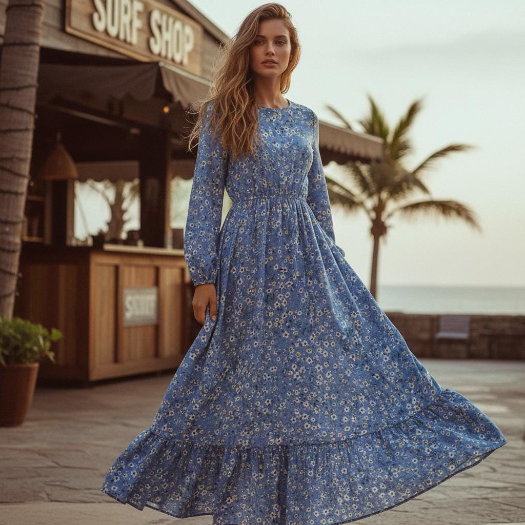 Women Floral Boho Maxi Dress Casual Long Sleeve Beach Dress