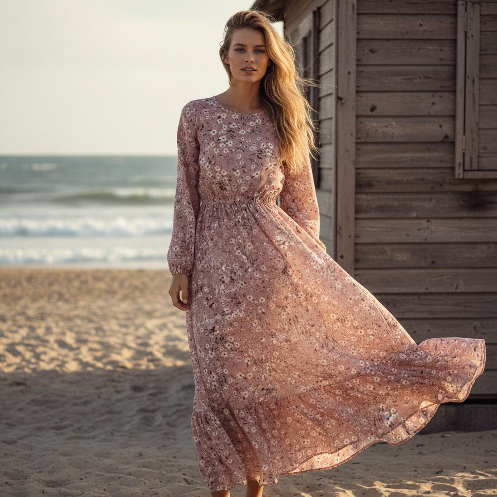 Women Floral Maxi Dress Long Sleeve Boho Beach Party Dress