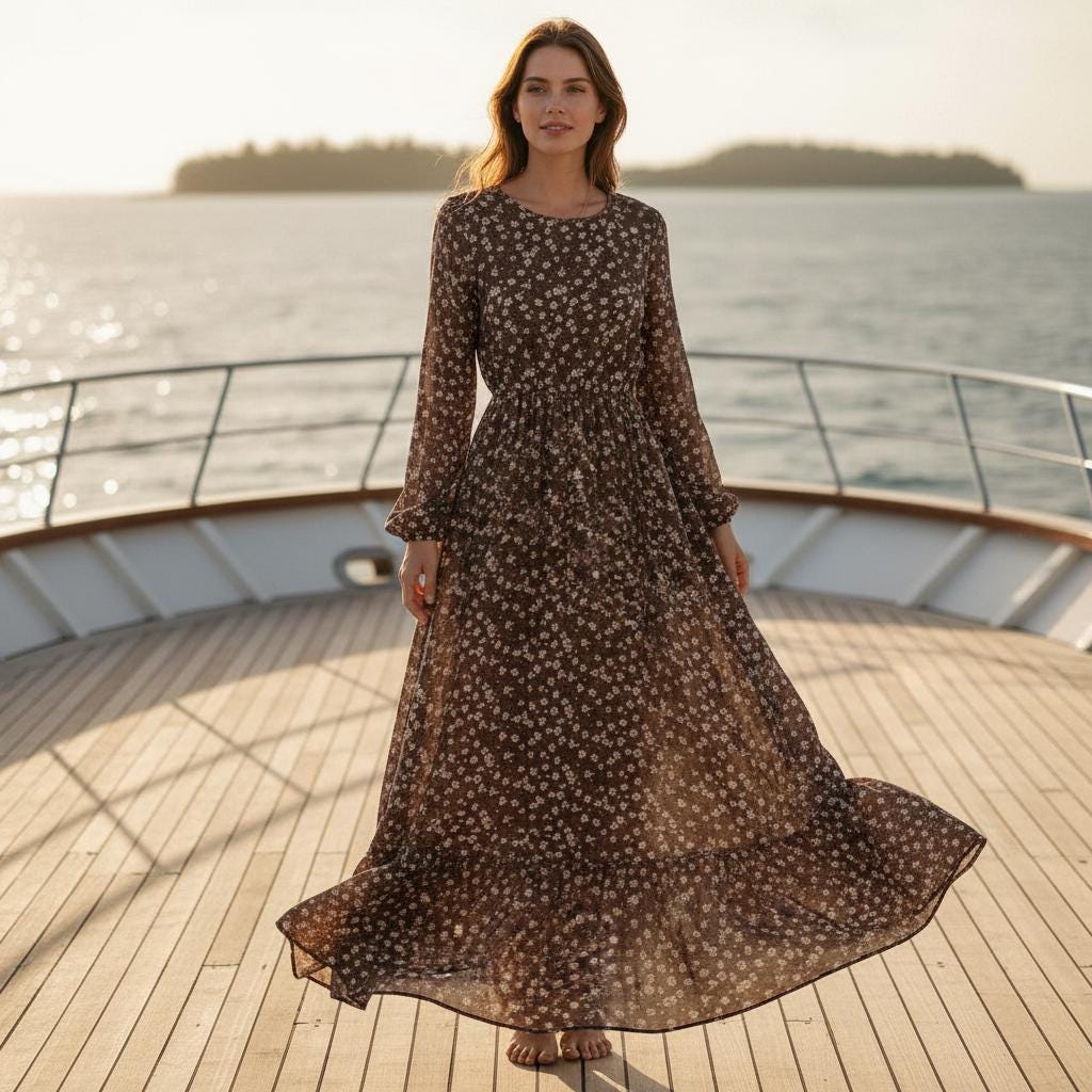 Women Boho Floral Maxi Dress Long Sleeve Casual Summer Dress