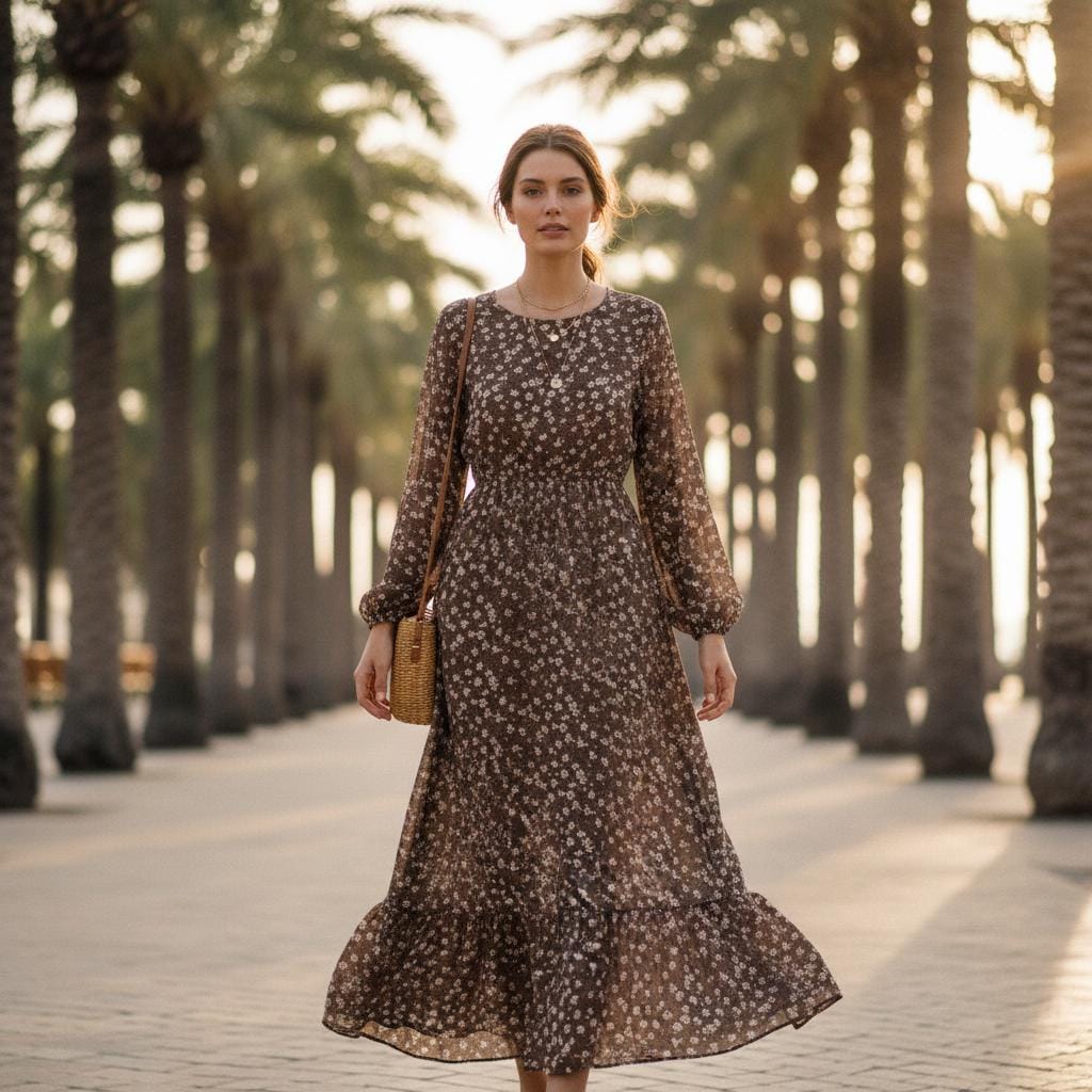 Women Boho Floral Maxi Dress Long Sleeve Casual Summer Dress