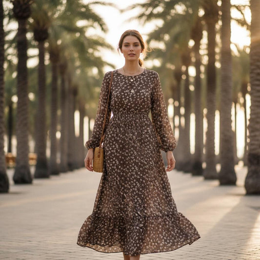 Women Boho Floral Maxi Dress Long Sleeve Casual Summer Dress
