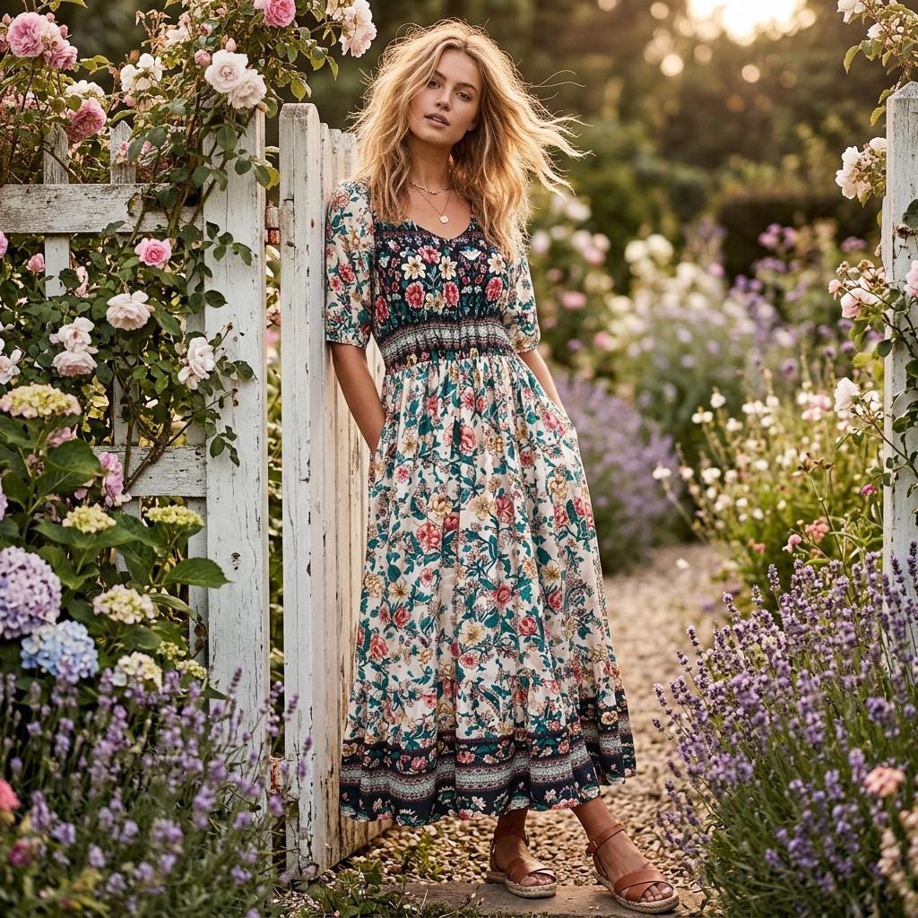 Chic Boho Floral Loose Maxi Dress Women Round Neck Summer Dress
