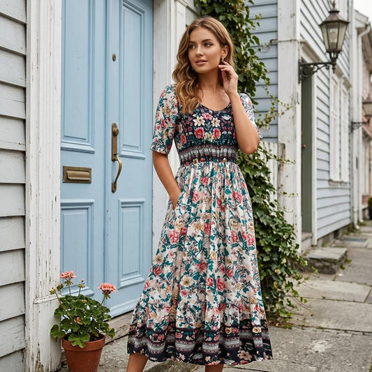 Chic Boho Floral Loose Maxi Dress Women Round Neck Summer Dress