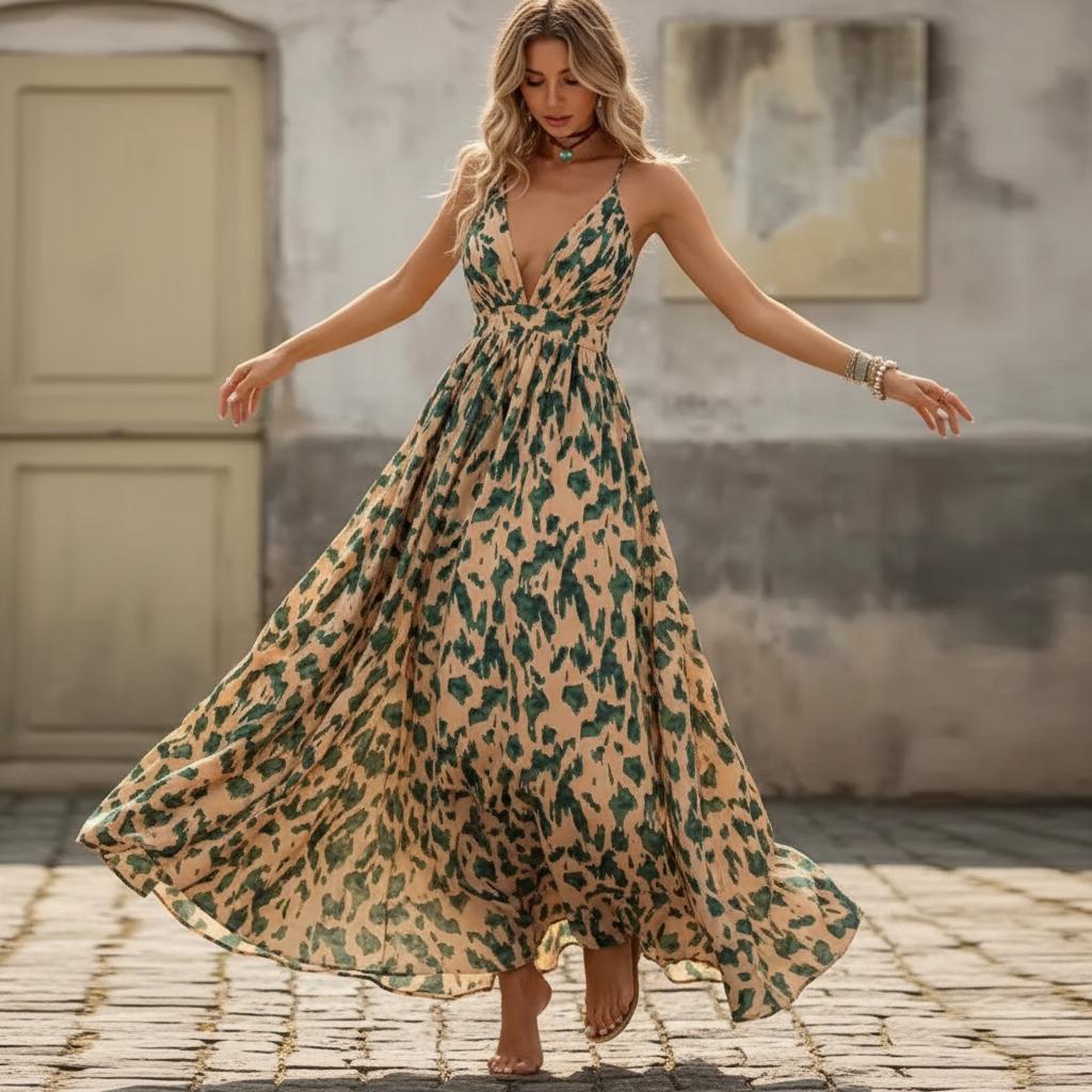 Boho Abstract Print Cross Back Maxi Dress Spaghetti Strap Flowy A-Line