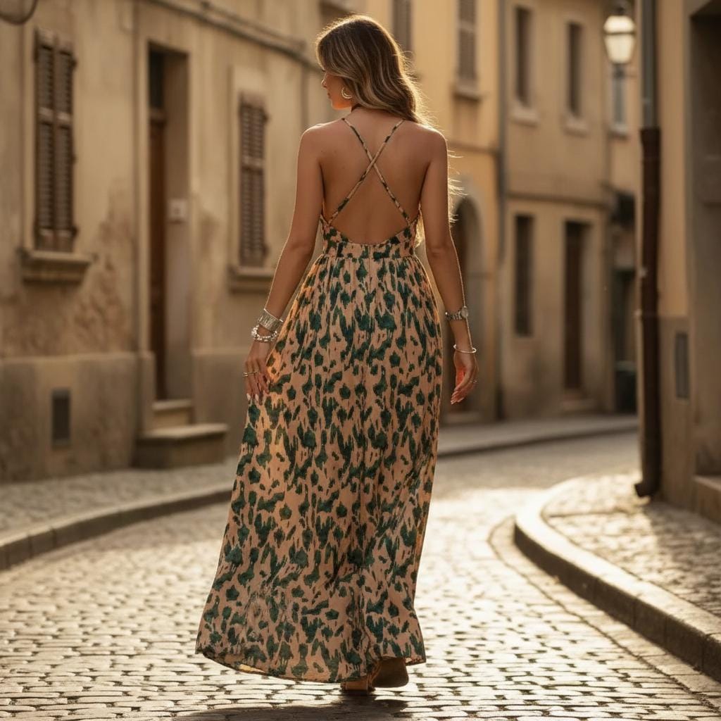 Boho Abstract Print Cross Back Maxi Dress Spaghetti Strap Flowy A-Line