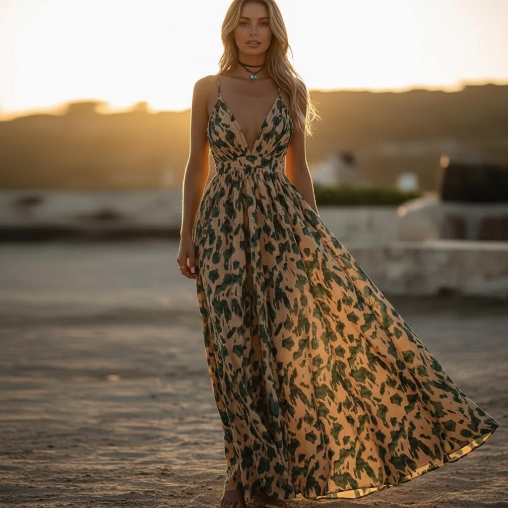 Boho Abstract Print Cross Back Maxi Dress Spaghetti Strap Flowy A-Line