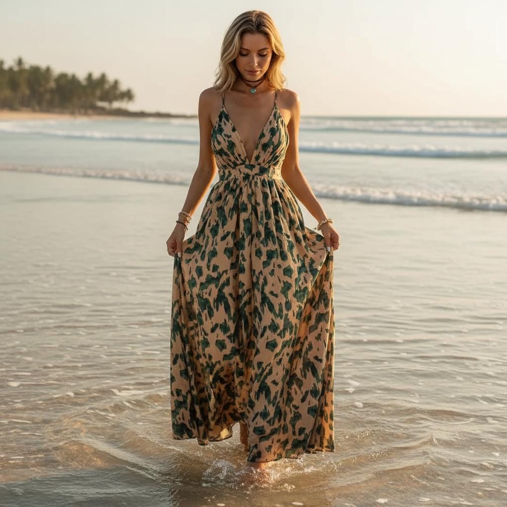 Boho Abstract Print Cross Back Maxi Dress Spaghetti Strap Flowy A-Line
