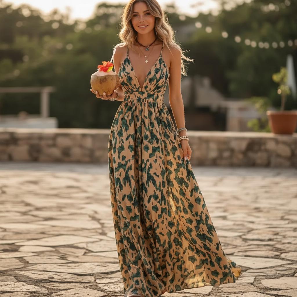 Boho Abstract Print Cross Back Maxi Dress Spaghetti Strap Flowy A-Line
