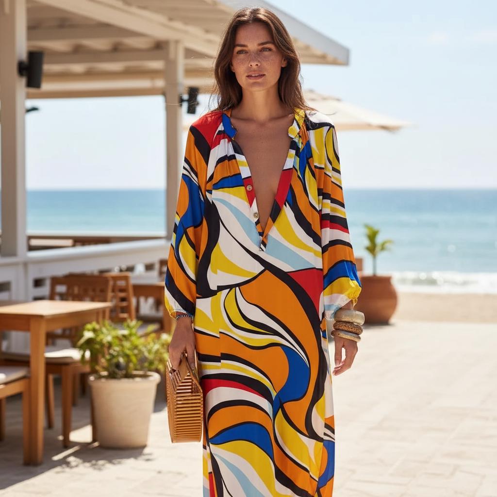 Boho Print Deep V Neck Maxi Dress Loose Beach Summer Dress
